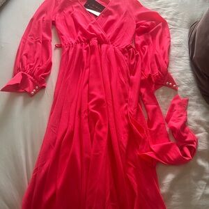 Vibrant Pink Wrap Dress with Pearl Accents